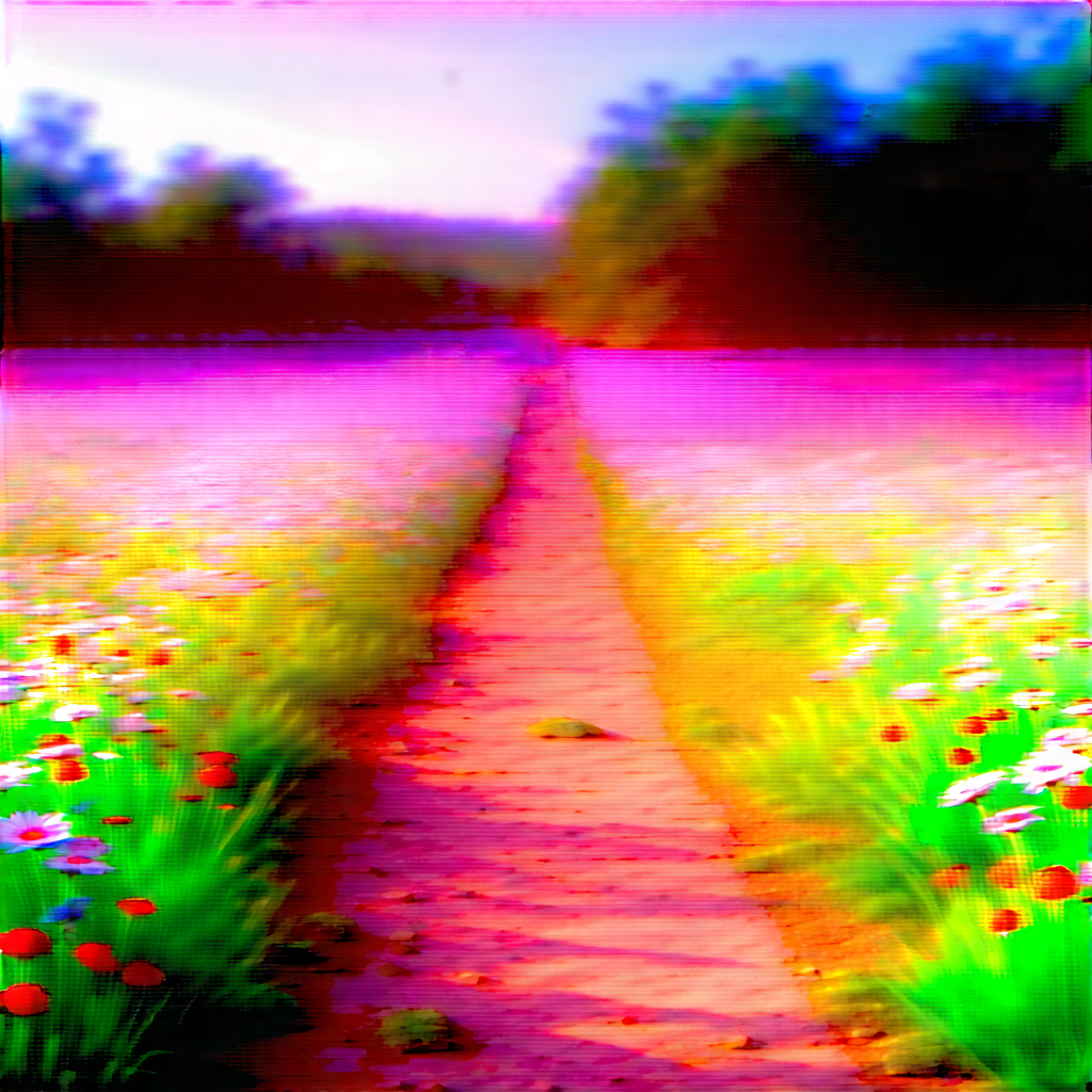 Nature Acrylic Painting: Path Through Flowering Meadow With Colorful, Artistic