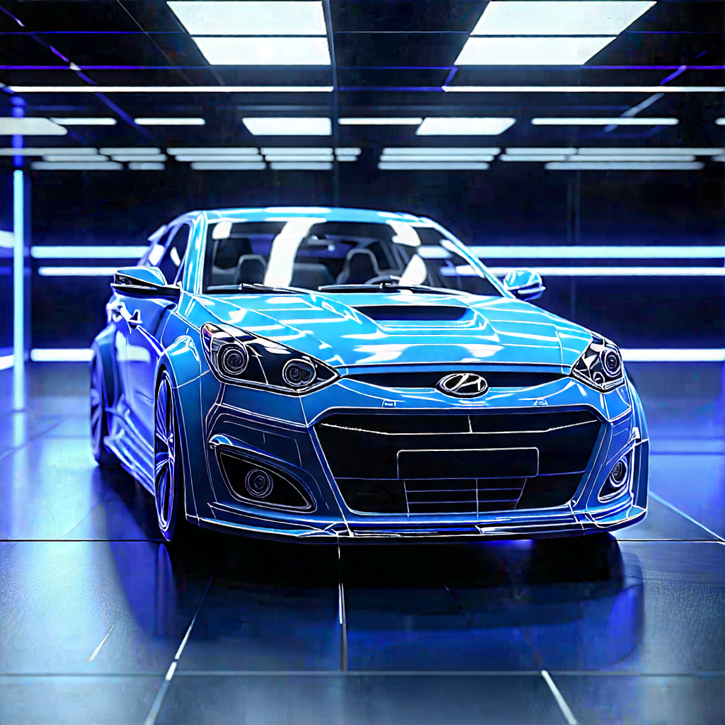 Tech Tilt-shift Photography: Automotive Technology In Research Center With Blue Parked