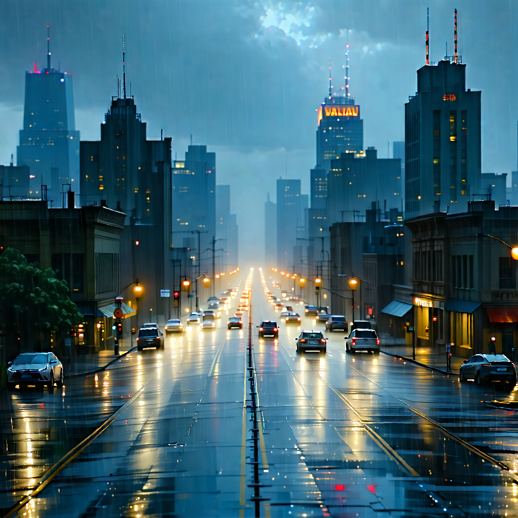 Urban Architectural Photography: Cityscape Of Downtown District During Rainy Evening With Busy City