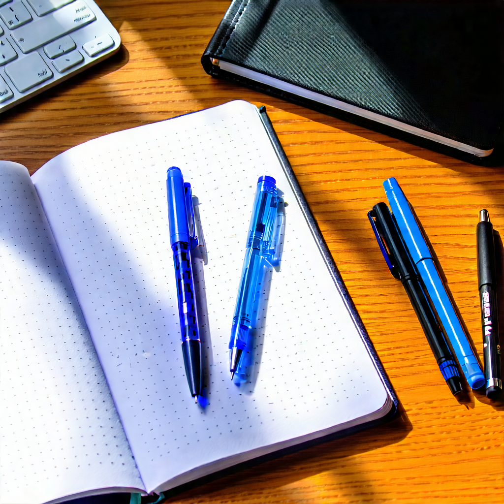 Business Macro Photography: Workplace with notebooks and pens on desk