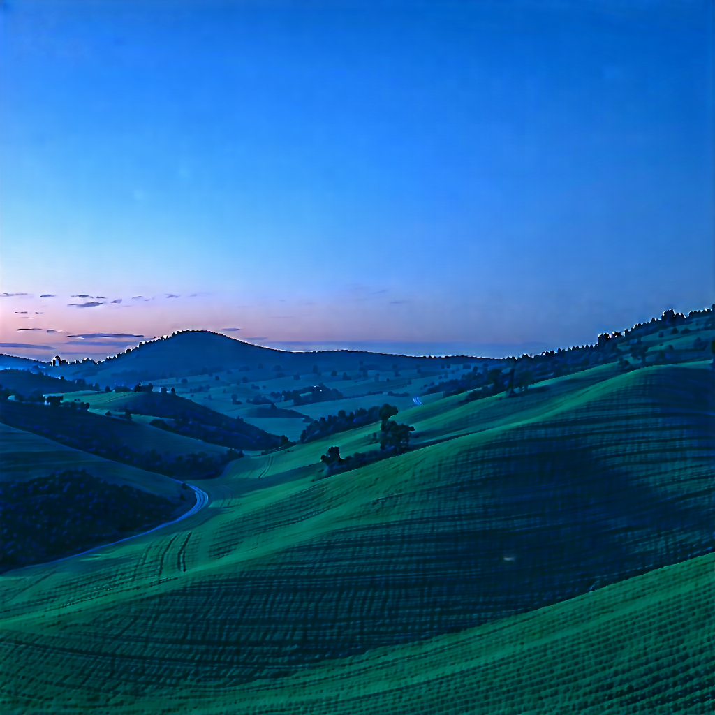 Nature Advertising Photography: Rolling Hills During Blue Hour With Lush Green