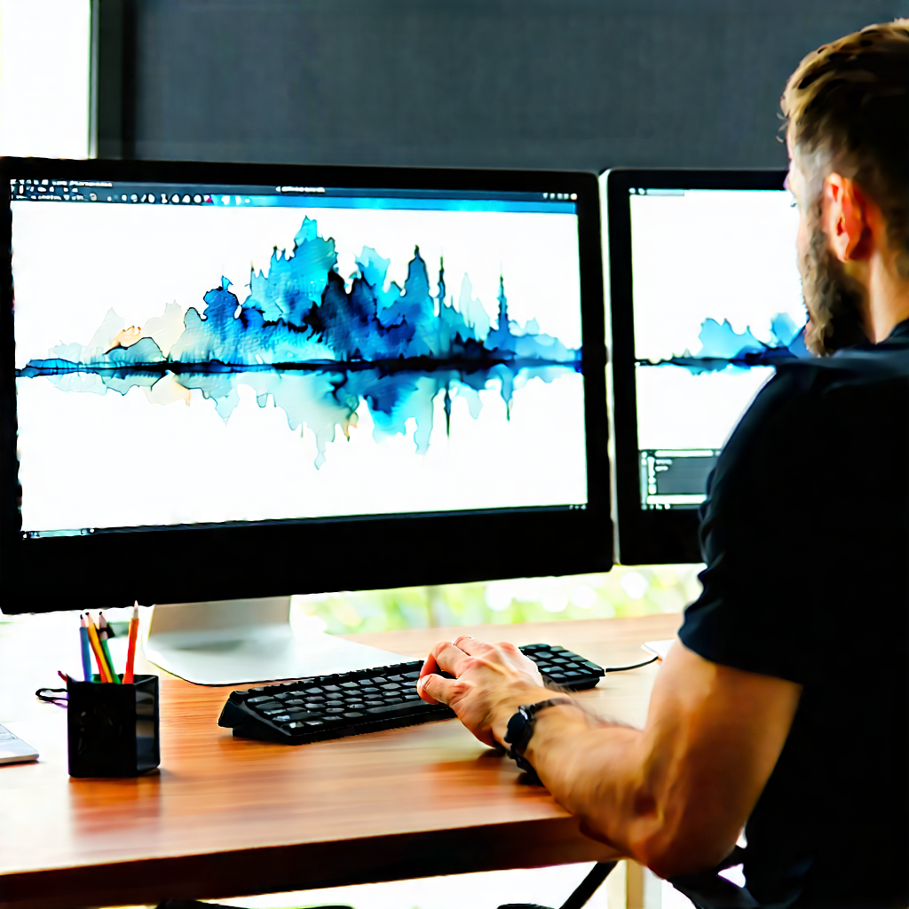 Business Watercolor Painting: Finance professional using multiple monitors