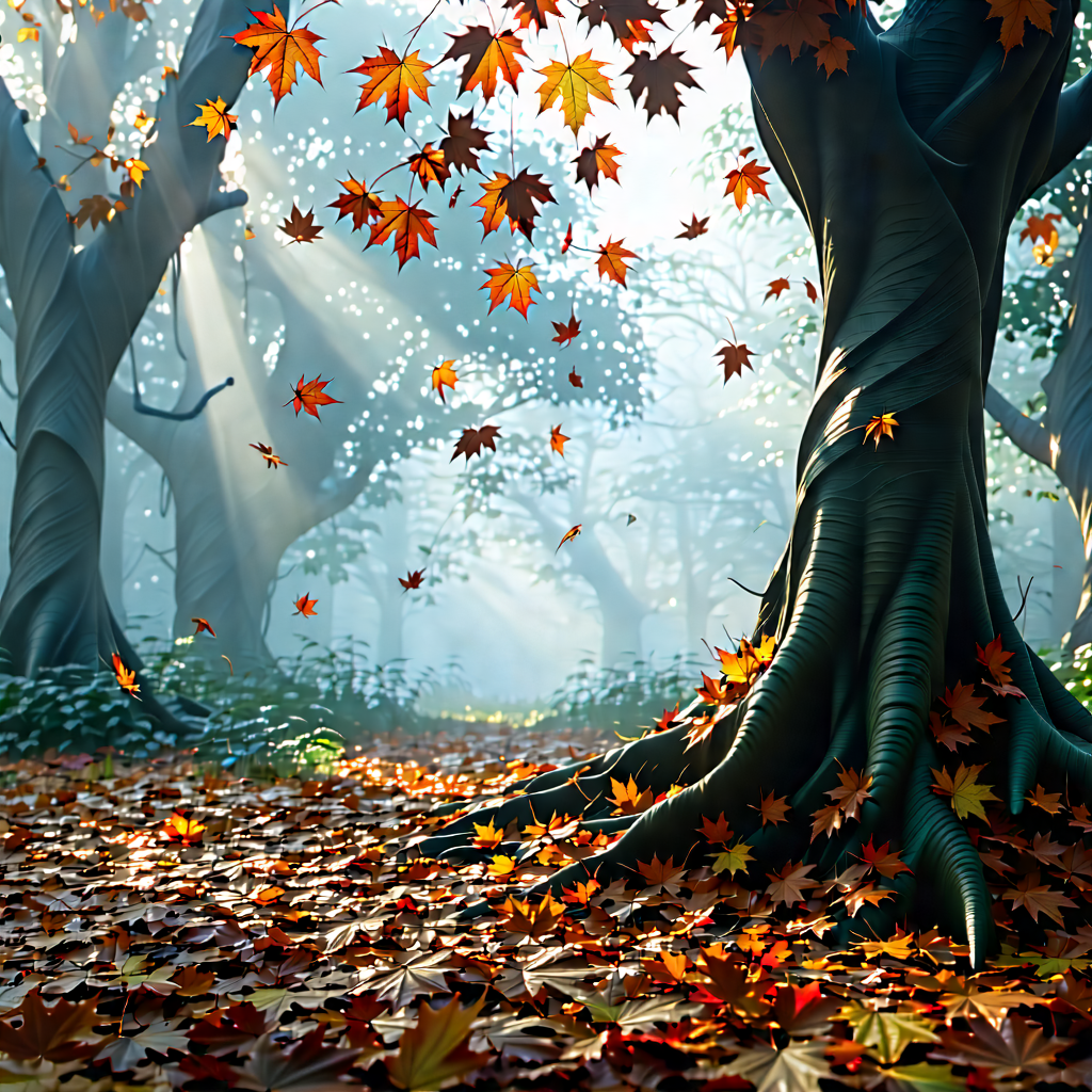 Nature Low Poly: Autumn Leaves In Misty Environment With Image, There