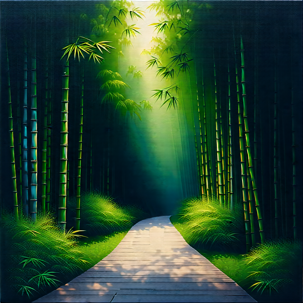 Nature Oil Painting: Path Through Bamboo Grove With Serene Forest