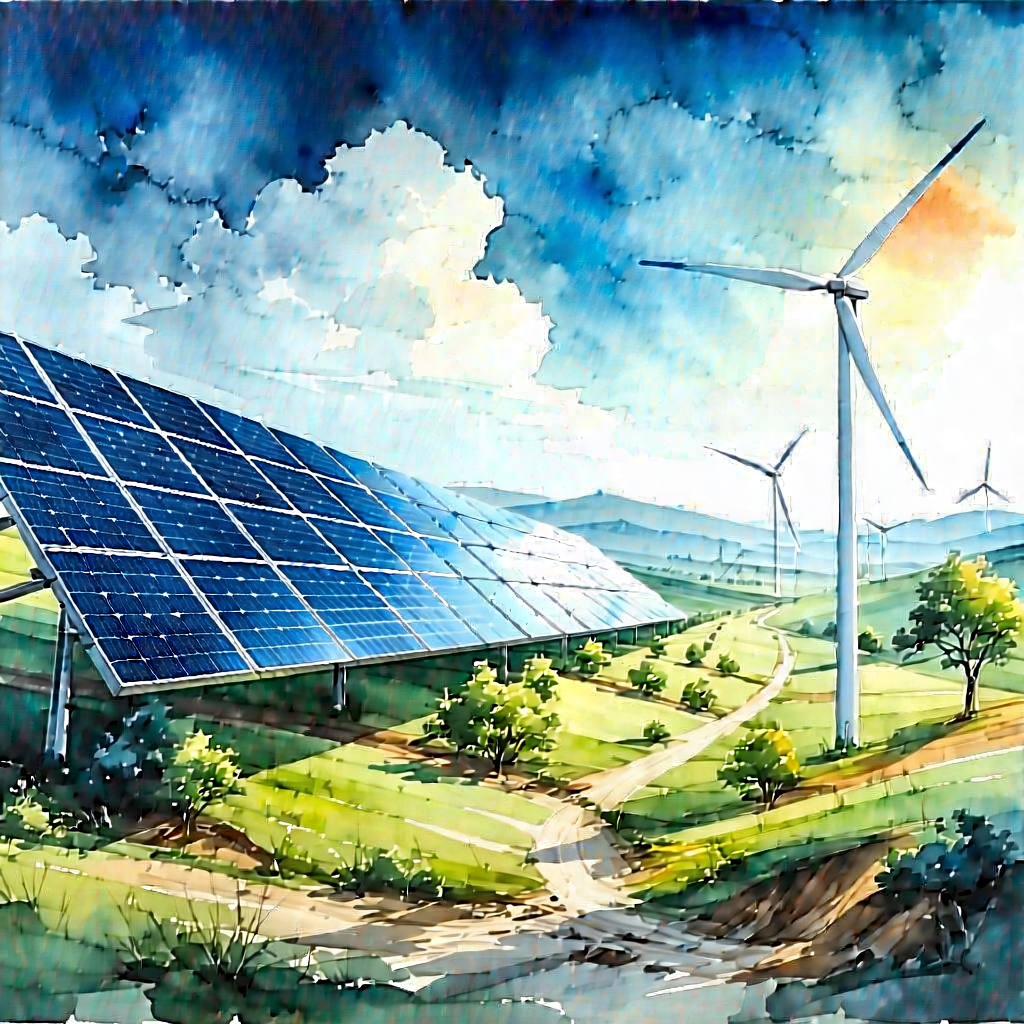 Tech Watercolor Painting: Innovative Renewable Energy Design With Large Solar
