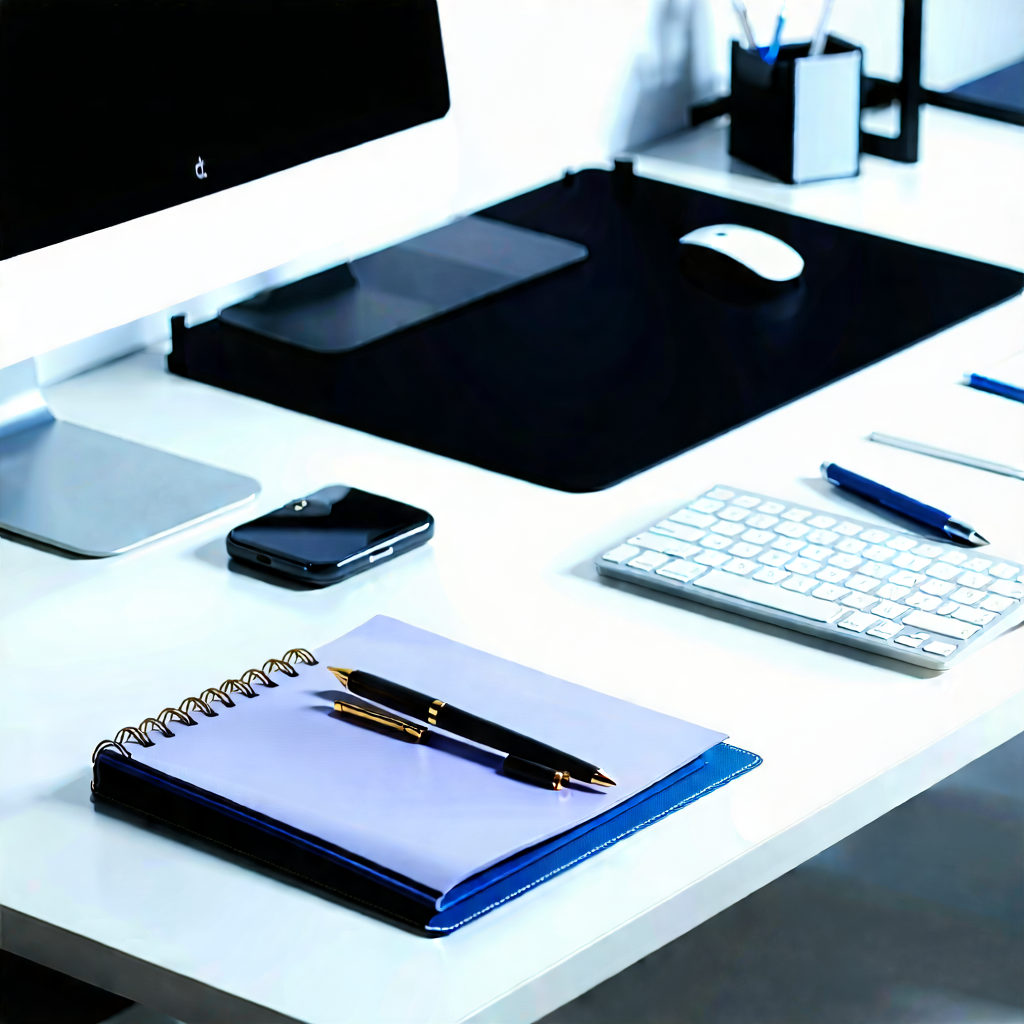Business Lithograph: Workplace with modern office supplies on desk