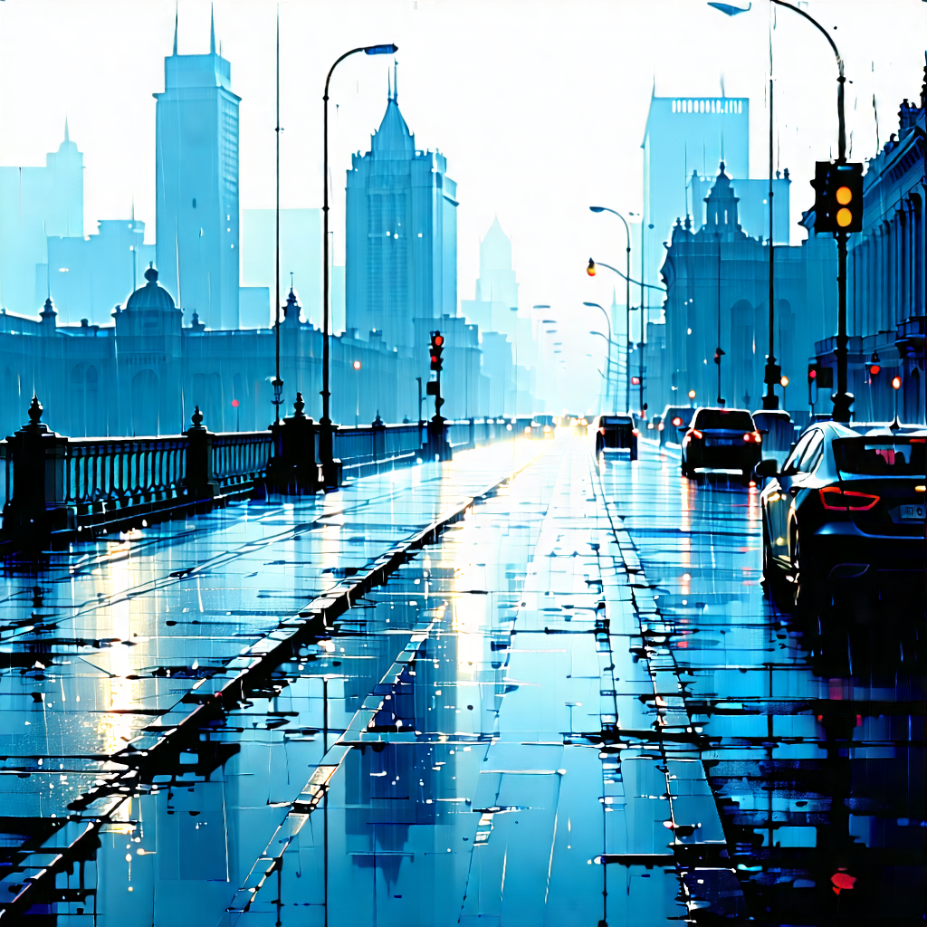 Urban Lithograph: Iconic Bridge With Rain-slicked Streets With Painting City