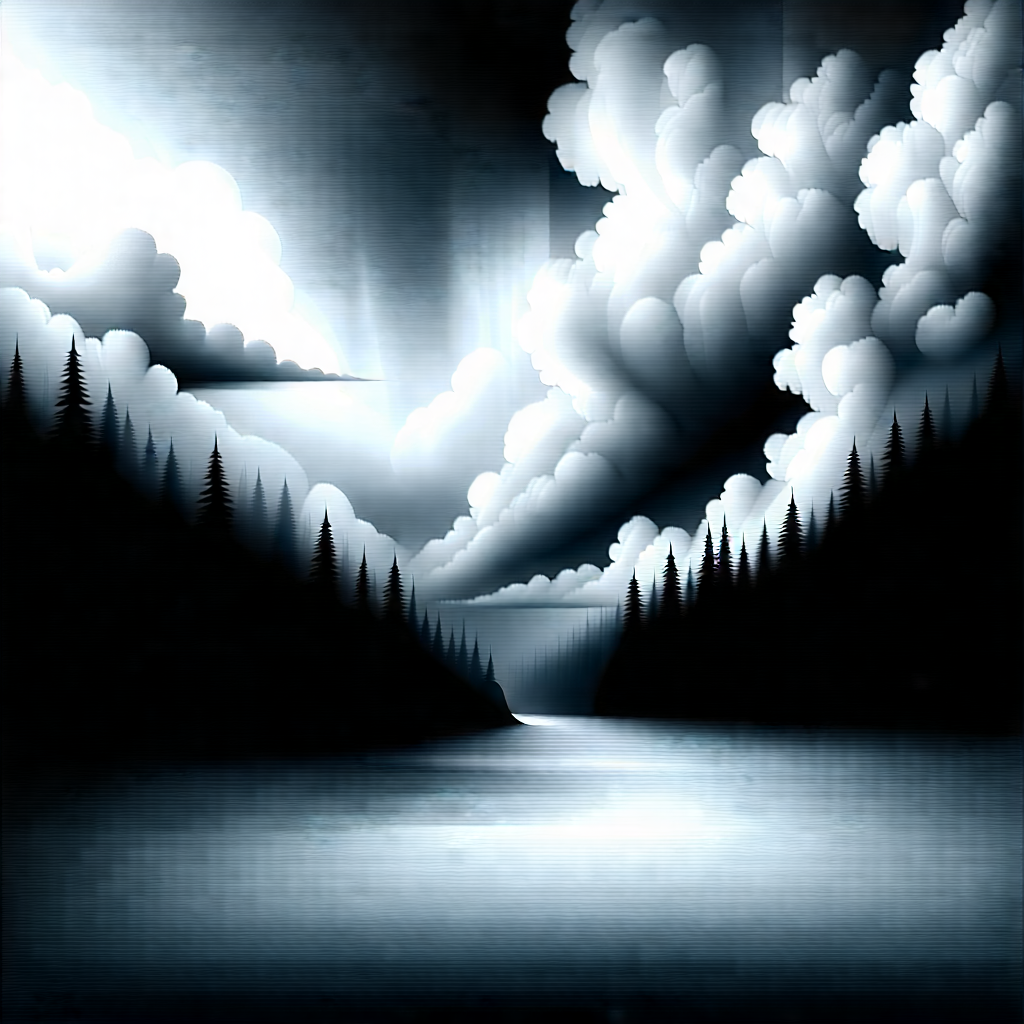 Nature Charcoal Drawing: Dramatic clouds over forest clearing