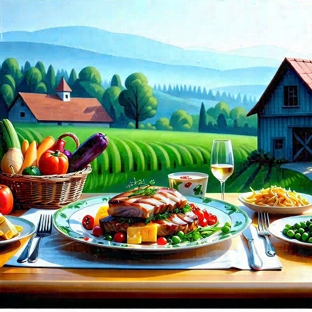 Lifestyle Pastel Drawing: Farm-to-table Meal Prepared With Artistic Presentation With Dining Table