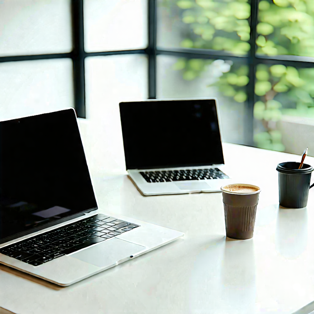 Business Abstract Design: Workplace with laptop and coffee on desk
