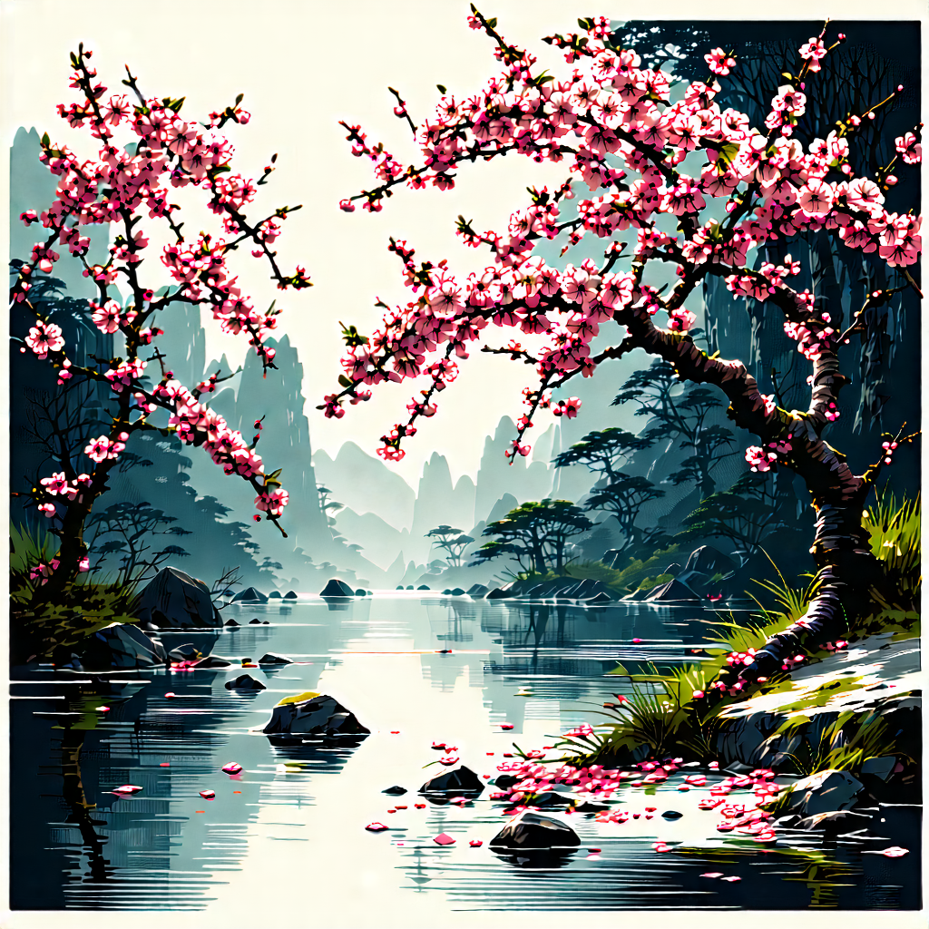 Nature Woodcut Print: Cherry Blossoms In Natural Setting With Serene Scene