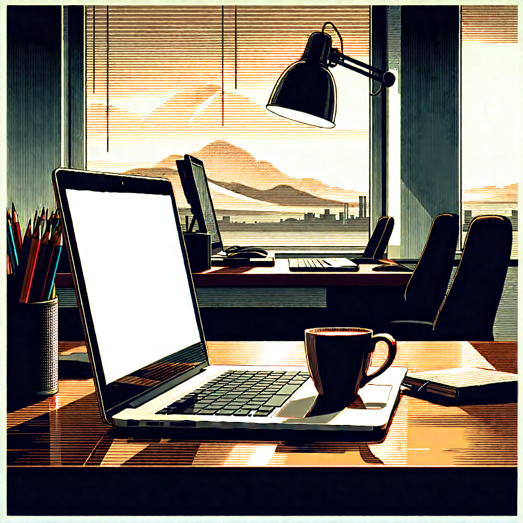 Business Woodcut Print: Workplace With Laptop And Coffee On Desk With Desk Laptop