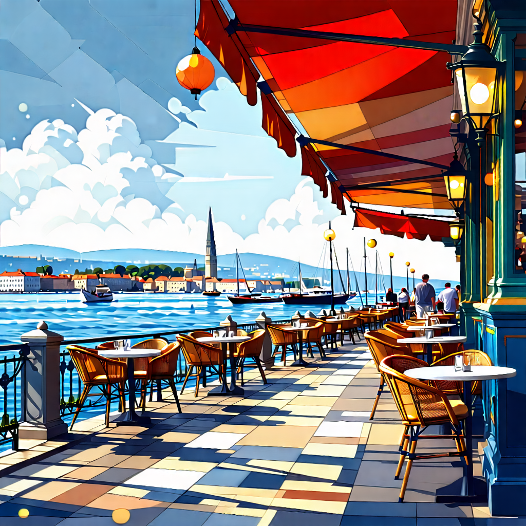 Urban Graphic Design: Waterfront promenade with outdoor dining