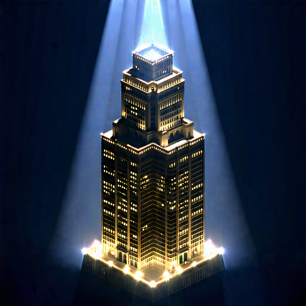 Urban Isometric Design: Skyscraper With Dramatic (lighting:1.39) With Large, Illuminated