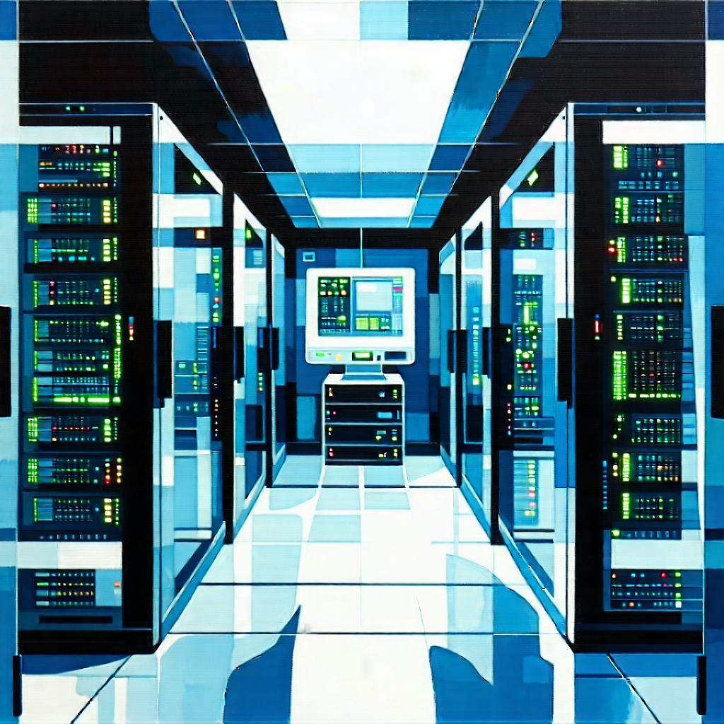 Tech Watercolor Painting: Futuristic Server Room With Painting Computer