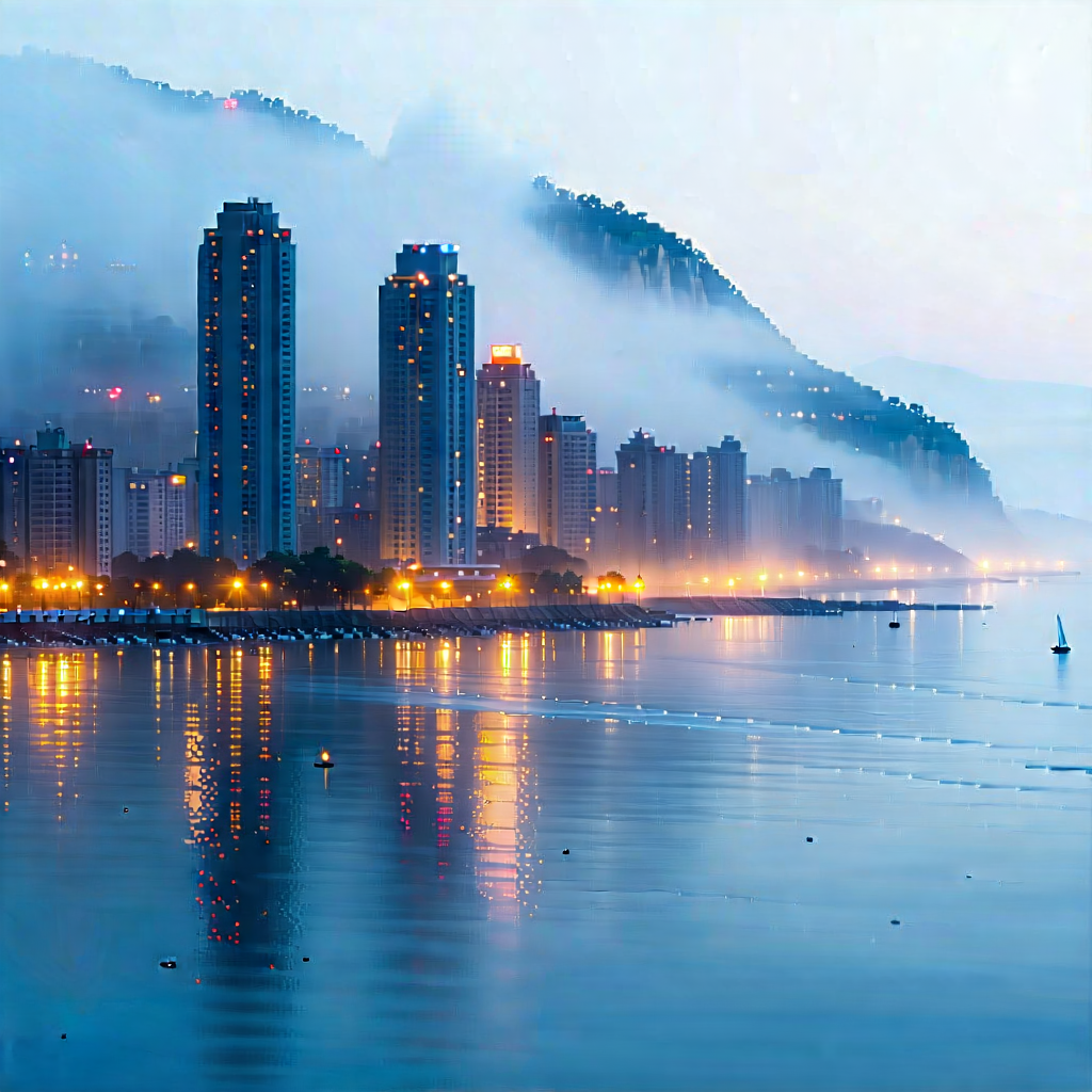 Urban Voxel Art: Cityscape Of Coastal City During Foggy Morning With Large City
