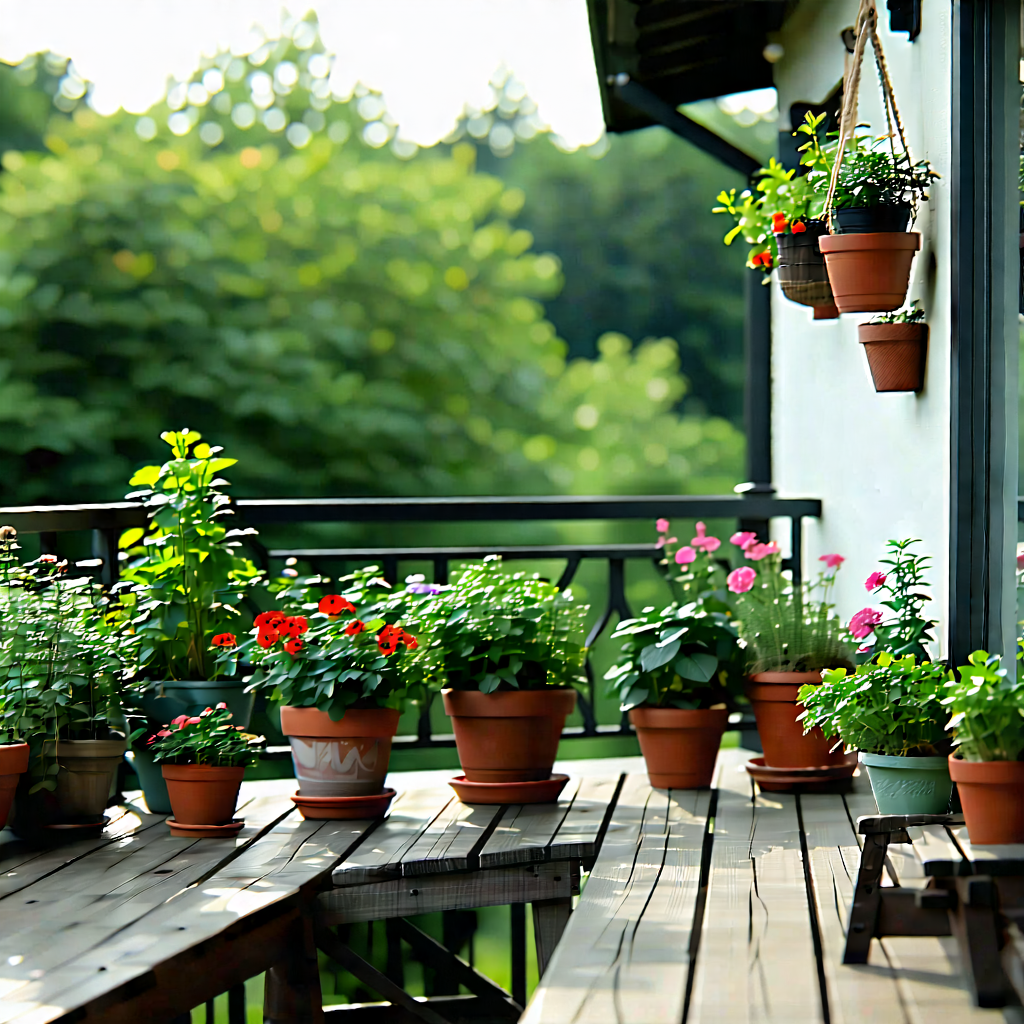 Lifestyle Macro Photography: Balcony Garden With Organized Space With Wooden Deck