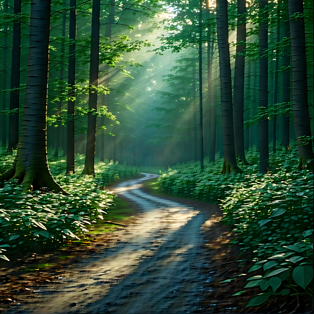 Nature Digital Illustration: Path Through Dense Forest With Serene Forest