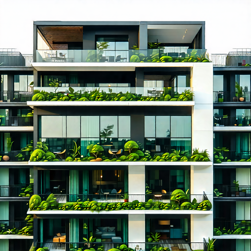 Urban Product Photography: (modern:1.17) Apartment Complex With Green Rooftop With Large, Modern