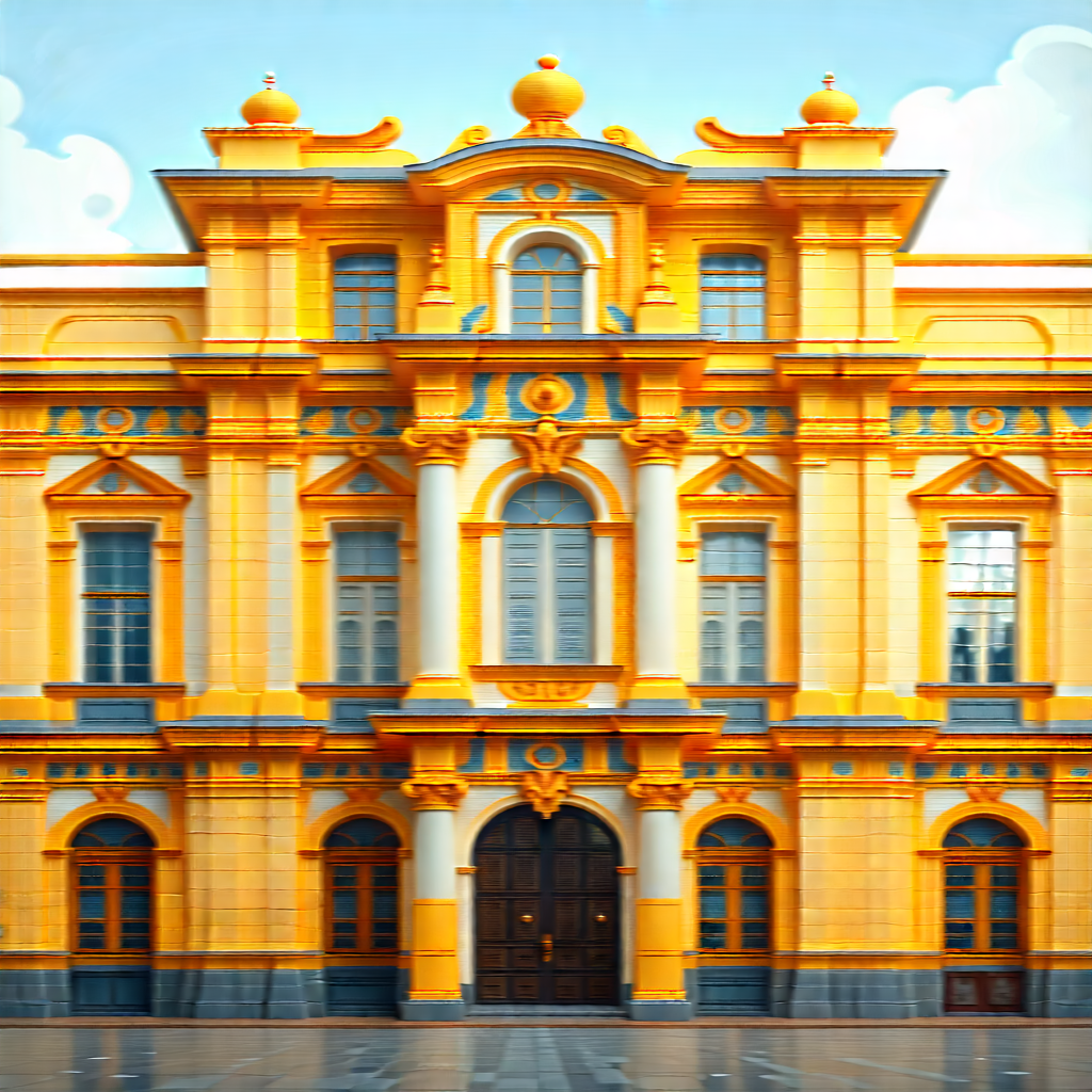 Urban Tilt-shift Photography: Historic Building With Artistic Facade With Large, Yellow