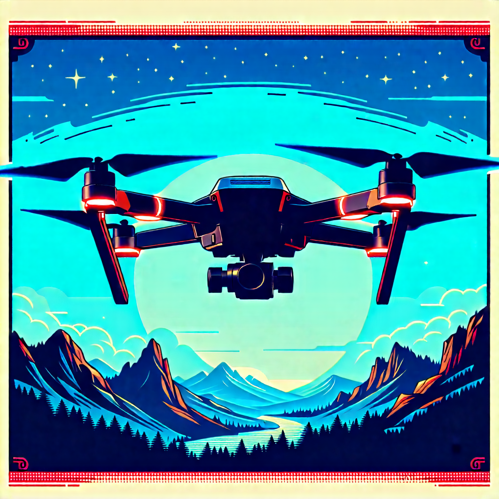 Tech Woodcut Print: Drone With Glowing Screen With Large Drone
