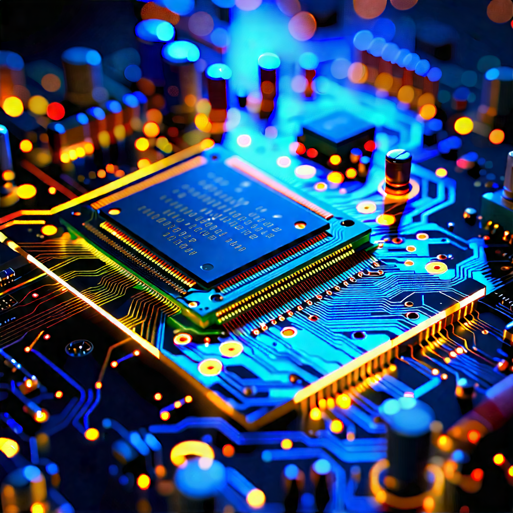 Tech Lithograph: Circuit board with holographic projection
