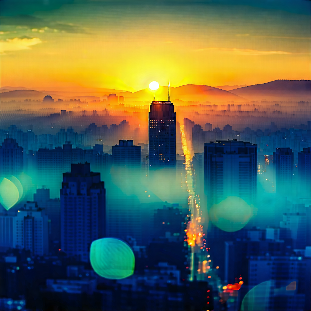 Urban Etching: Cityscape Of Urban Skyline During Sunrise With Captures Beautiful