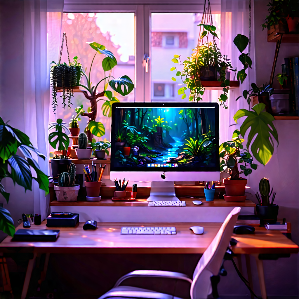 Lifestyle Oil Painting: Home Office With Plants And Natural Elements With Image, There