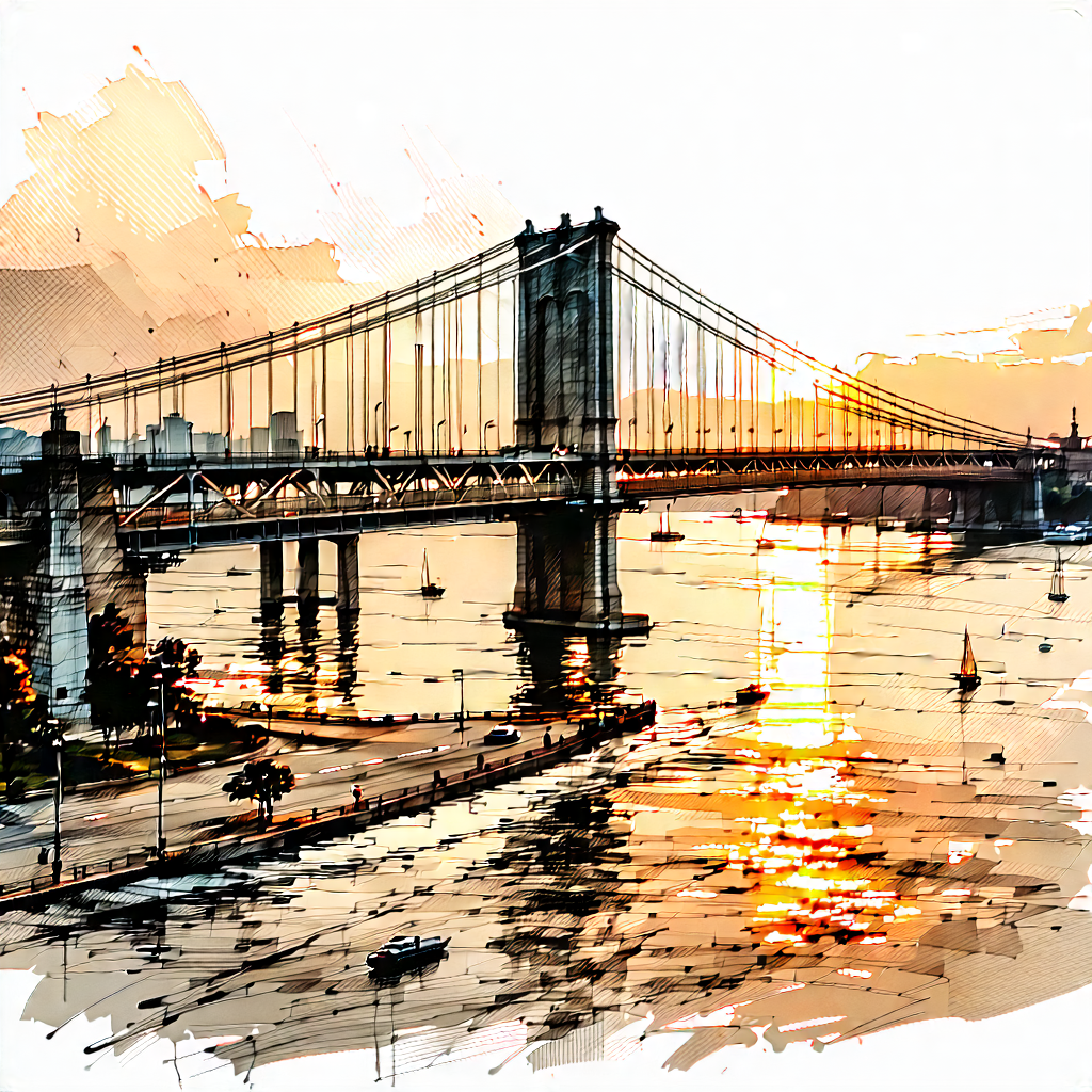 Urban Ink Drawing: Iconic bridge with sunset glow