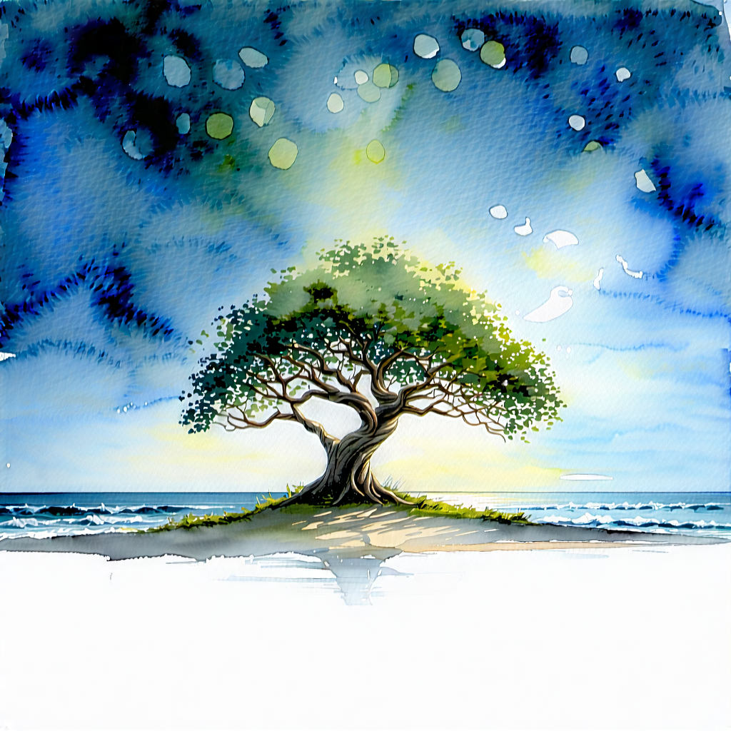 Nature Watercolor Painting: Ancient (tree:1.33) In Coastal Environment With Large Tree