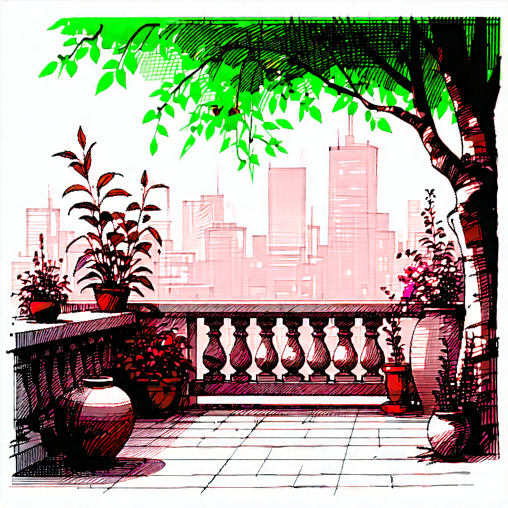 Lifestyle Ink Drawing: Balcony Garden With Plants And Natural Elements With Black White
