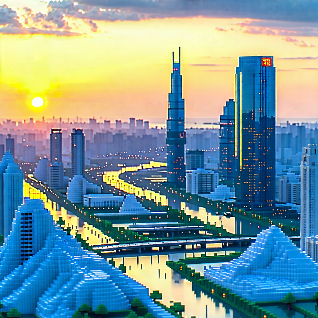 Urban Low Poly: Cityscape Of (modern:1.28) Metropolis During Sunrise With Model City