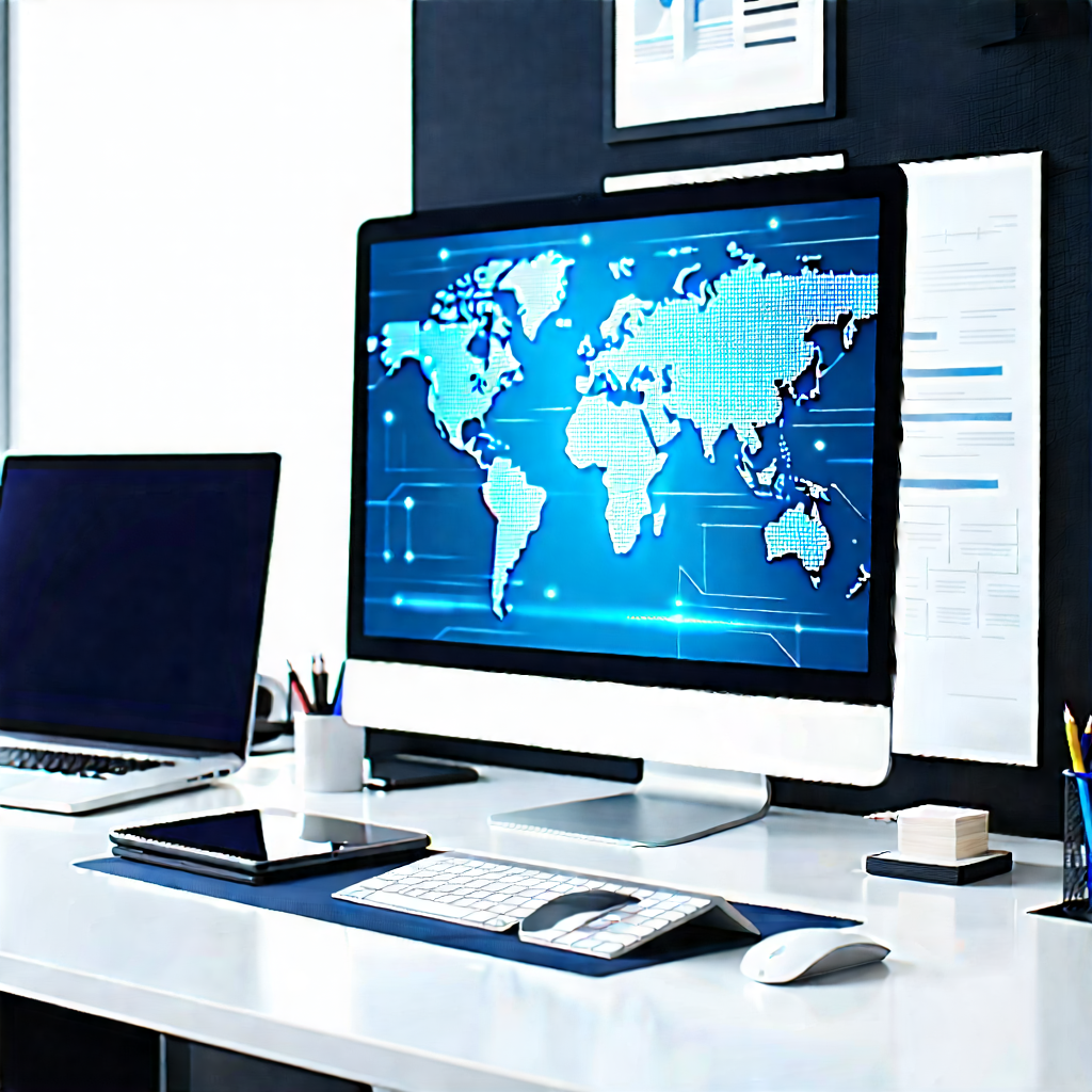 Business Lithograph: Workplace With (digital:1.37) (devices:1.43) On Desk With Large Computer