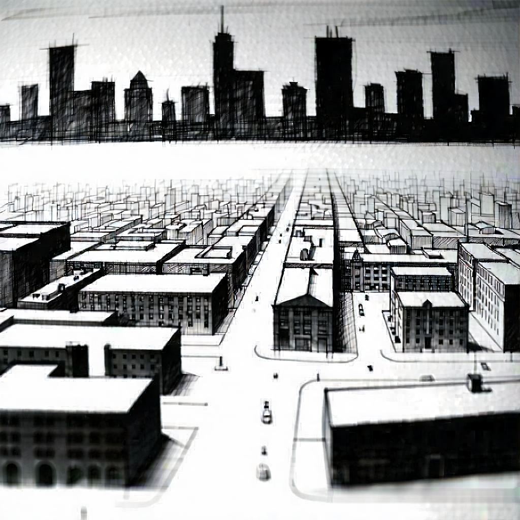 Urban Charcoal Drawing: Aerial view of urban renewal area
