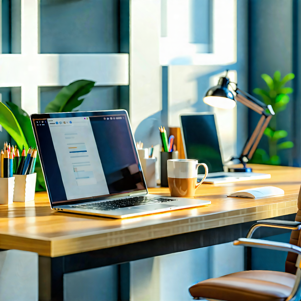 Business Voxel Art: Workplace with laptop and coffee on desk