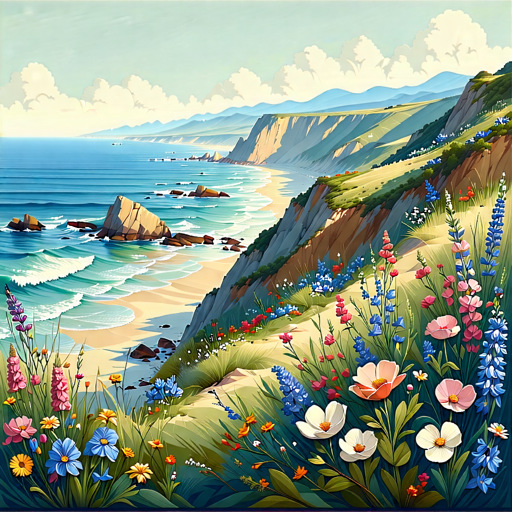 Nature Lithograph: Wildflowers In Coastal Environment With Painting Beautiful