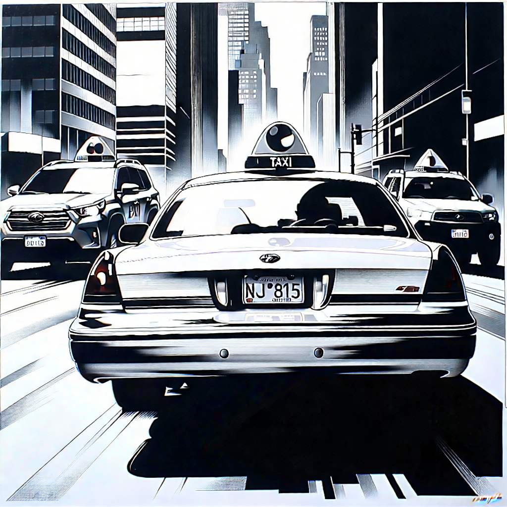Urban Lithograph: City taxi in main avenue