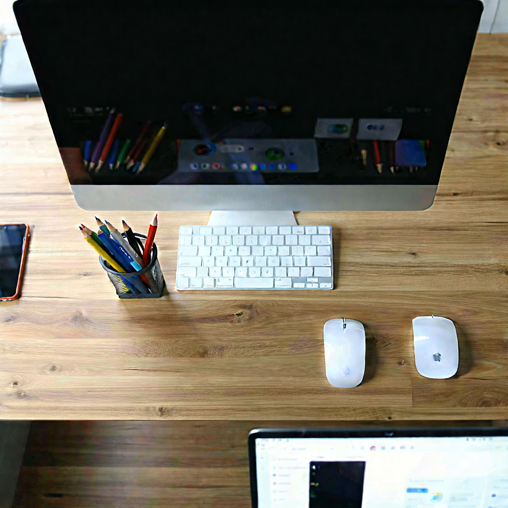 Business Aerial Photography: Workplace With (digital:1.13) Devices On Desk With Computer Desk