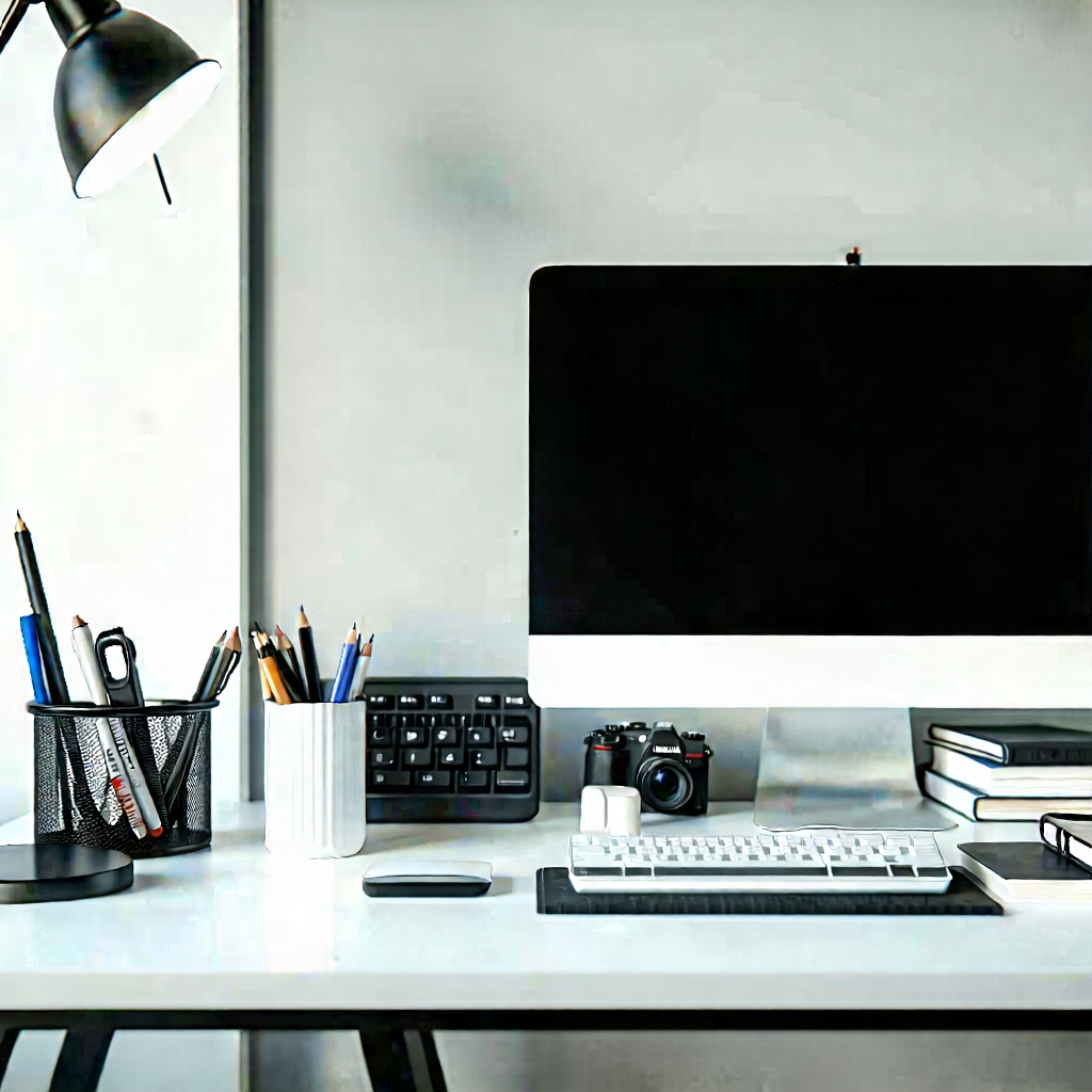 Business Advertising Photography: Workplace With Modern Office Supplies On Desk With White Desk
