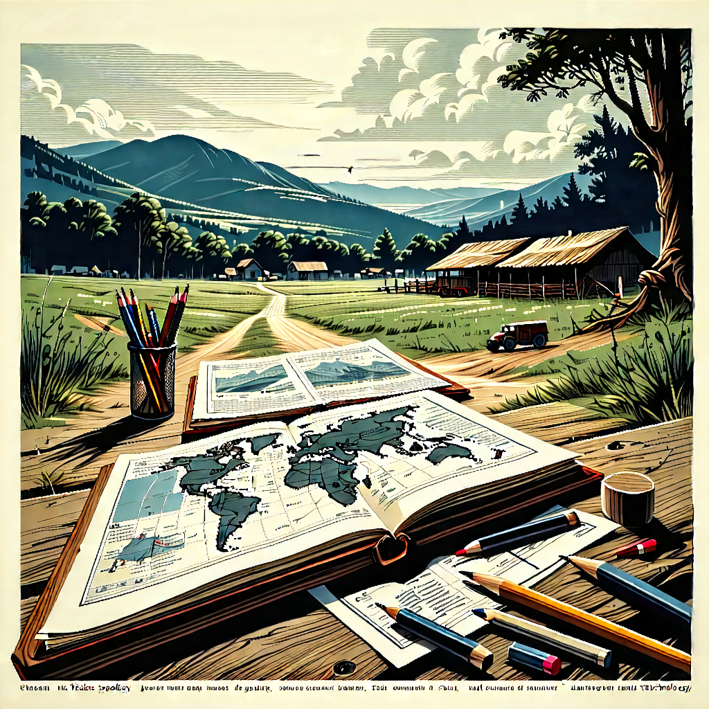 Tech Woodcut Print: Educational Technology In Field Deployment With Painting Countryside