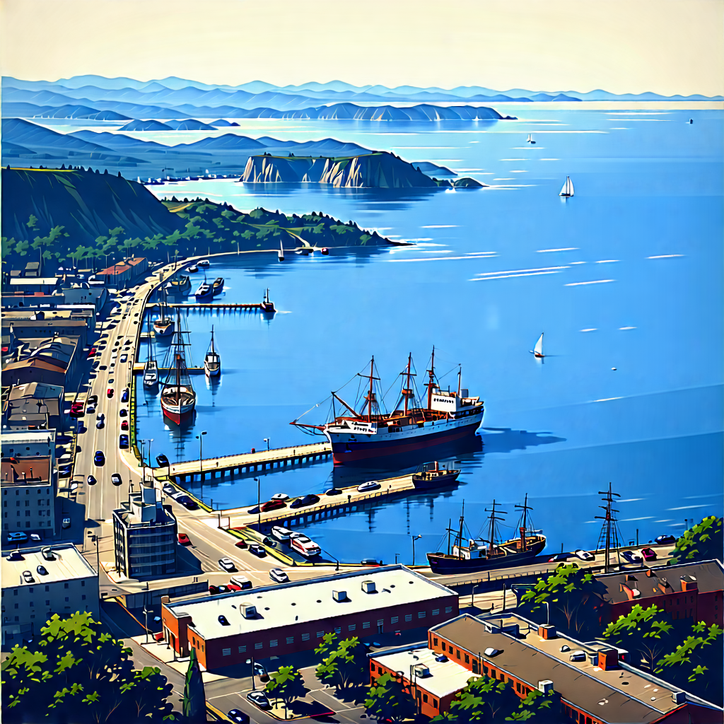 Urban Woodcut Print: Aerial View Of Harbor District With Painting Harbor