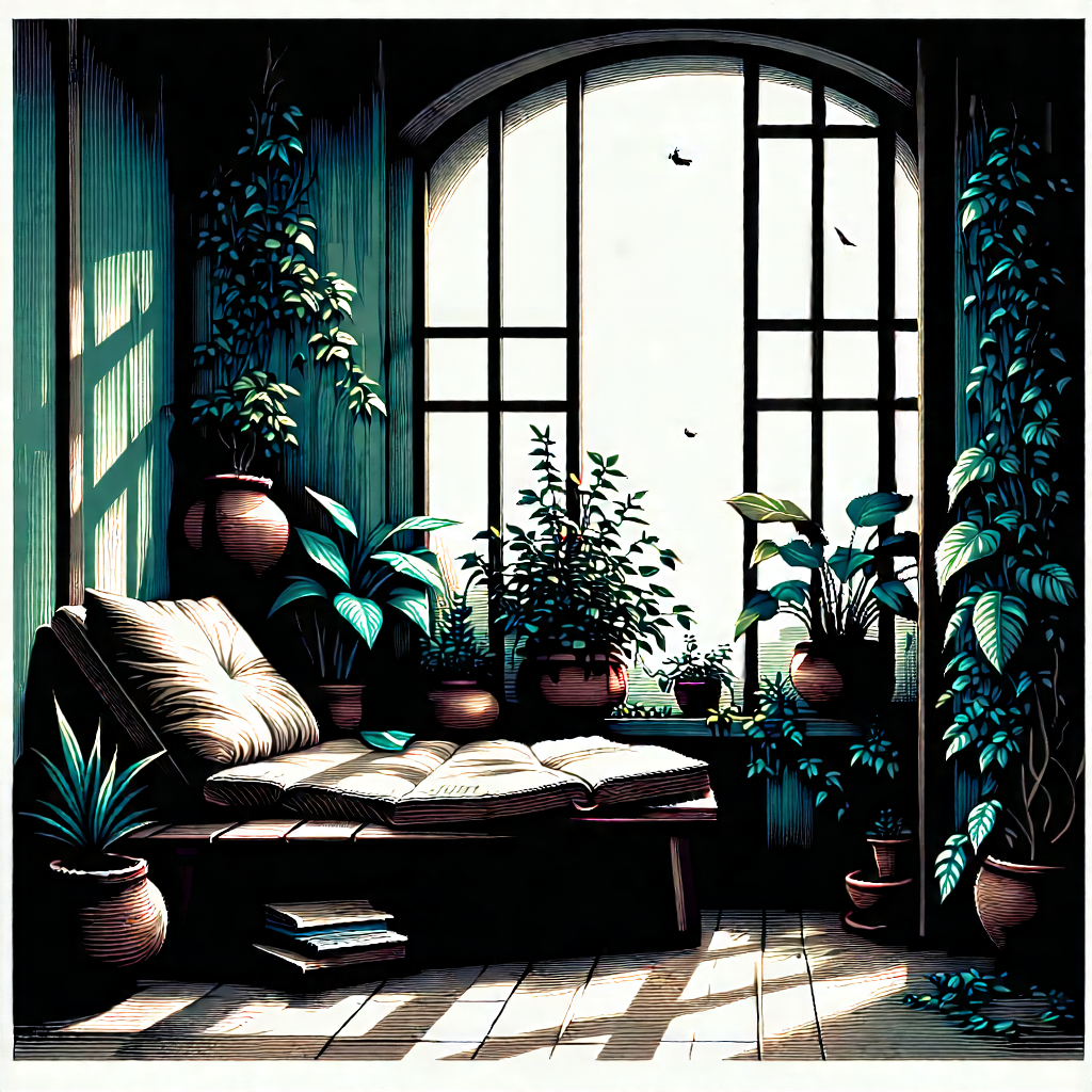 Lifestyle Woodcut Print: Reading nook with plants and natural elements