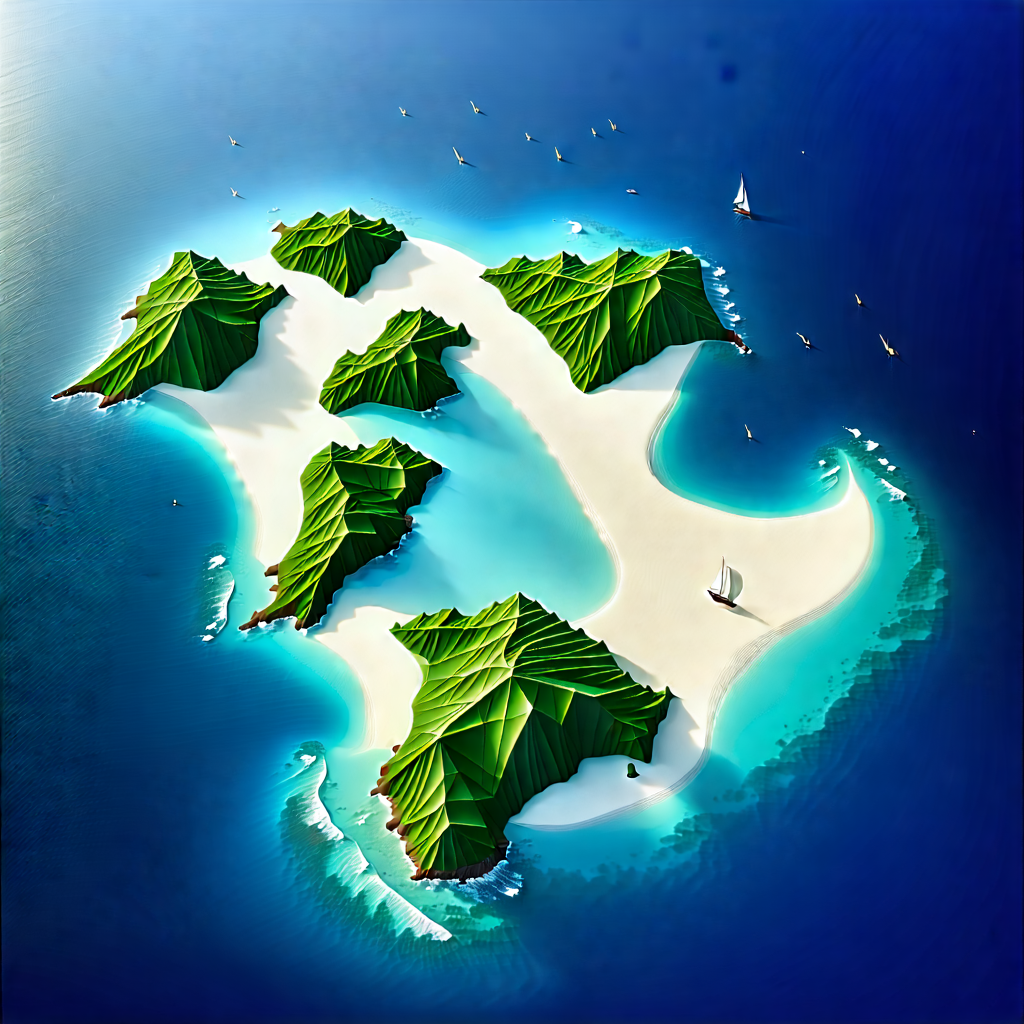 Nature Low Poly: Aerial View Of Coastal Islands With Cartoon Drawing