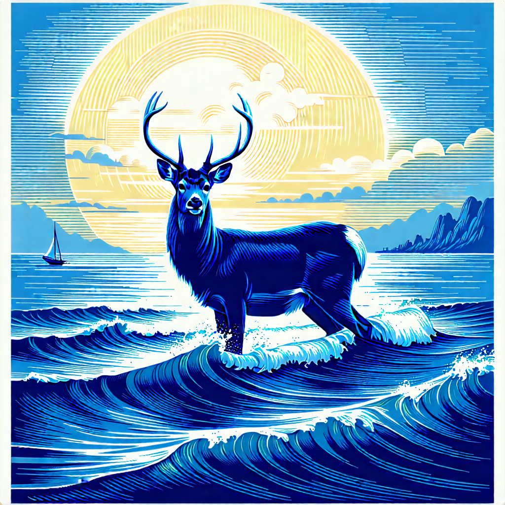 Nature Linocut Print: Deer In Ocean Waters With Blue White