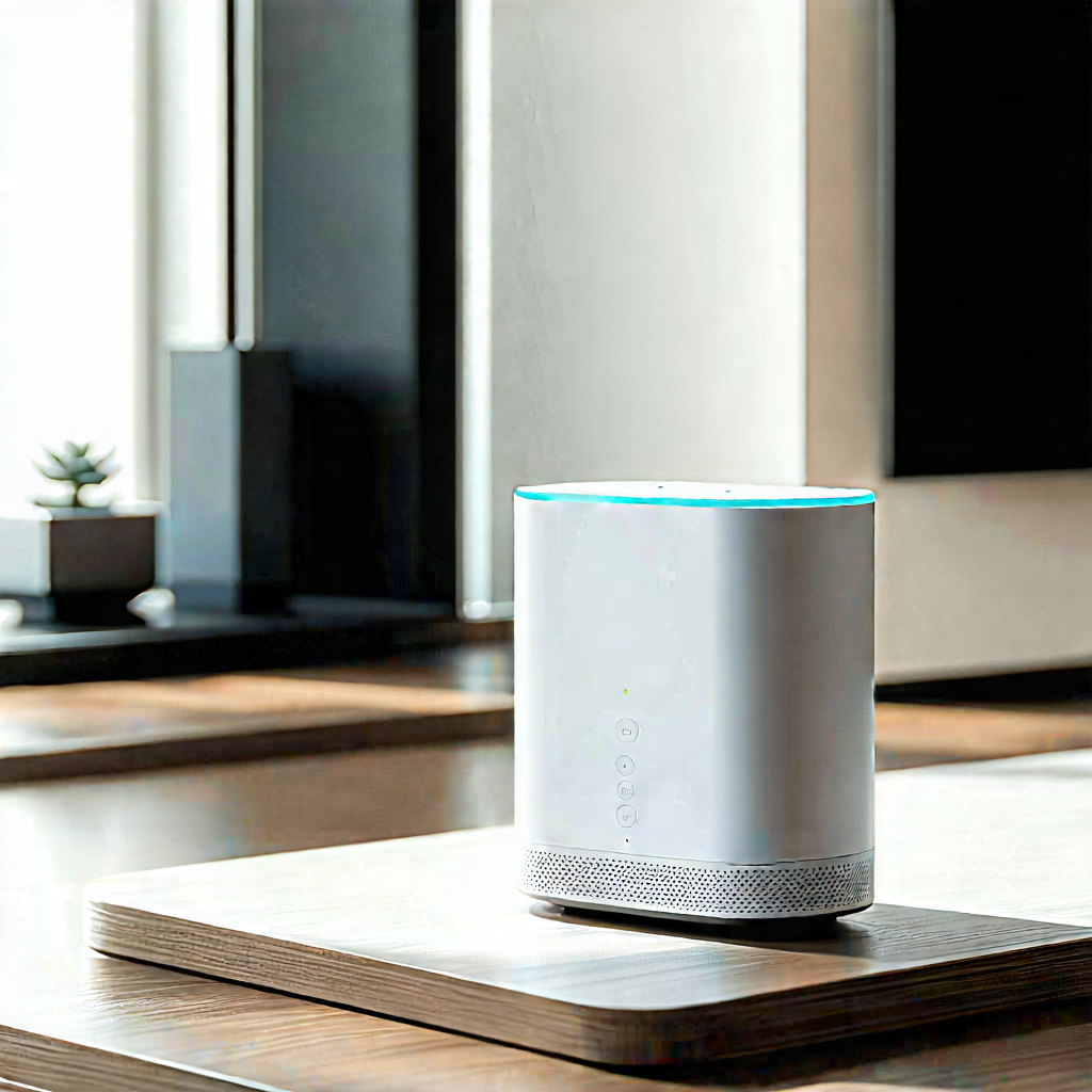 Tech Concept Art: Smart Home Device With User Interface With White Speaker