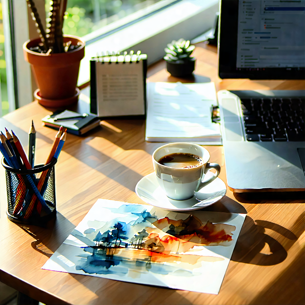 Business Watercolor Painting: Workplace with laptop and coffee on desk