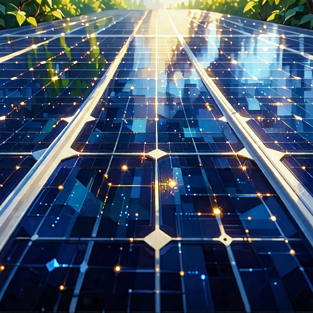 Tech Gouache Painting: Solar Panel With Data Streams With Image, There