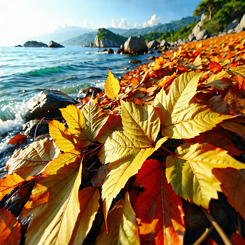 Nature Landscape Photography: Autumn Leaves In Coastal Environment With Beautiful Beach
