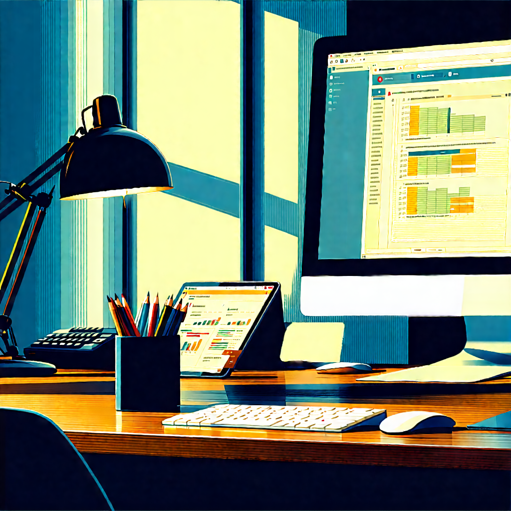 Business Woodcut Print: Workplace With Digital Devices On Desk With Computer Desk