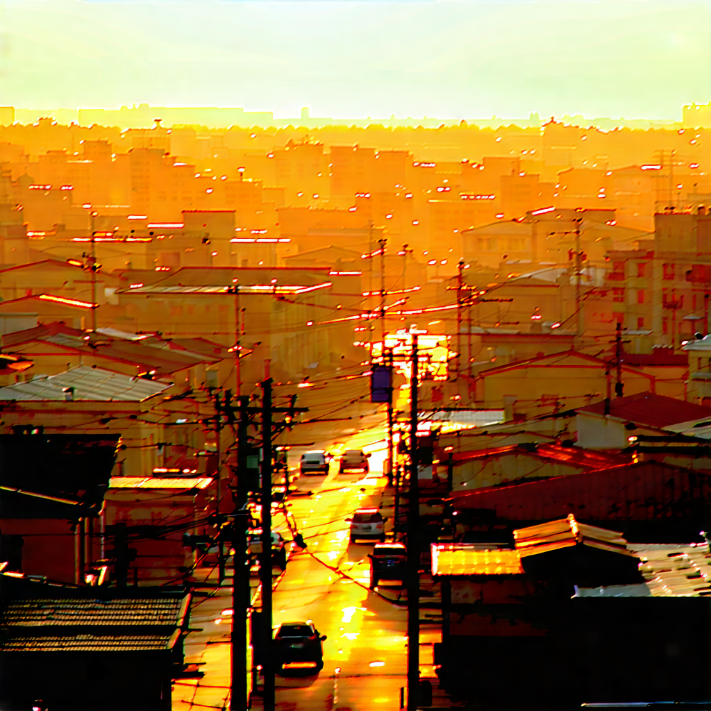 Urban 3d Render: Cityscape Of Small Town During Sunset With Black White